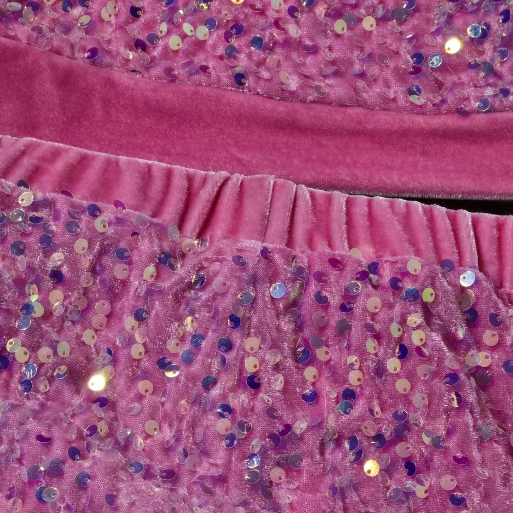 Girls Pink Sequin Velvet Set Ruffle Crop Top Flare Pants‎ Barbie Party Size 6Y
